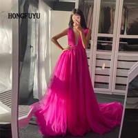 hongfuyu fuchsia deep v neck prom dresses bow back thigh slit maxi evening dresses backless a line tulle formal wedding party