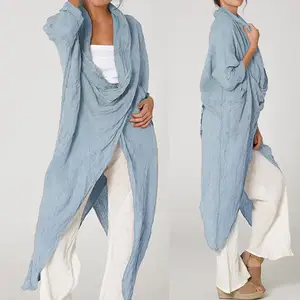 2021 Женская Осенняя винтажная длинная рубашка с длинным рукавом, повседневные топы с воротником-хомутом, свободные однотонные женские блузы