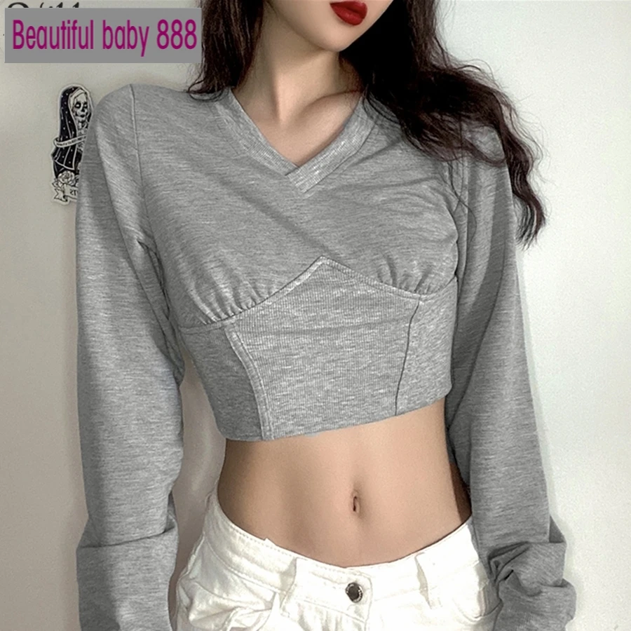 

Meqeiss New Casual Patchwork Female Autumn Pullover Chic Korean Version Pure V-Neck Hoodies Simple Activity Woman Crop Top Basic