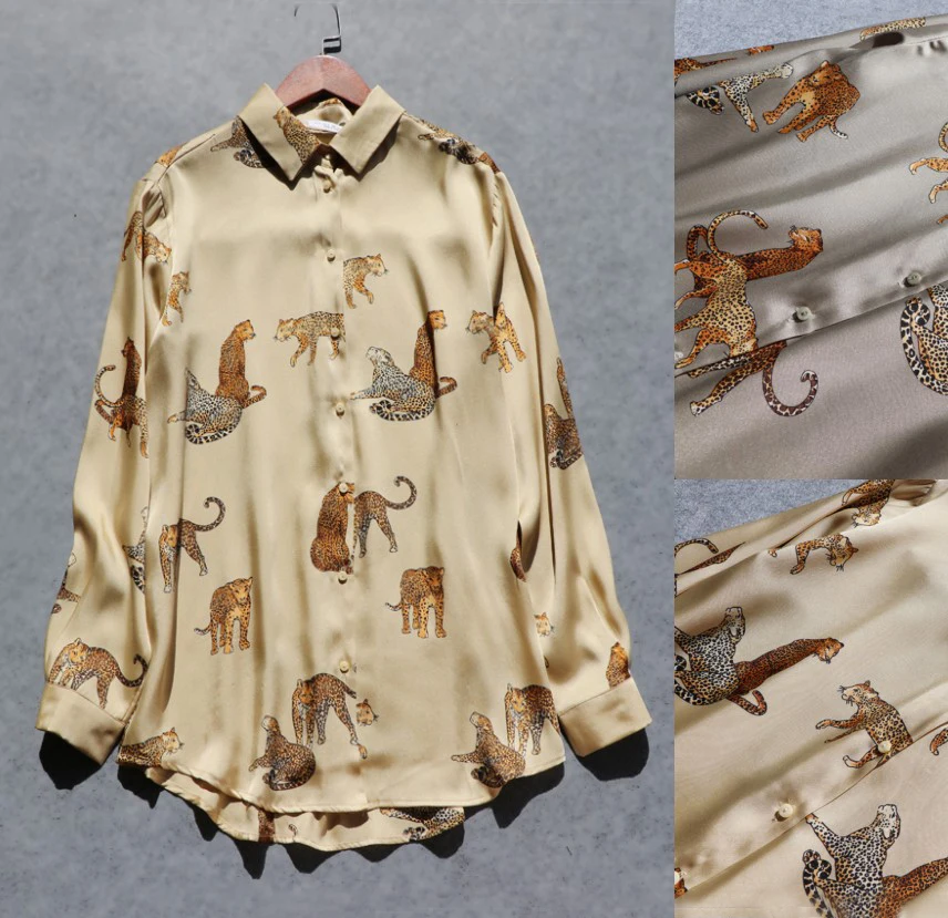 

2020 Autumn Women's Leopard Printed Shirt Loose Shoulder Long Sleeve Smooth Satin Shirt for Woman Harajuku