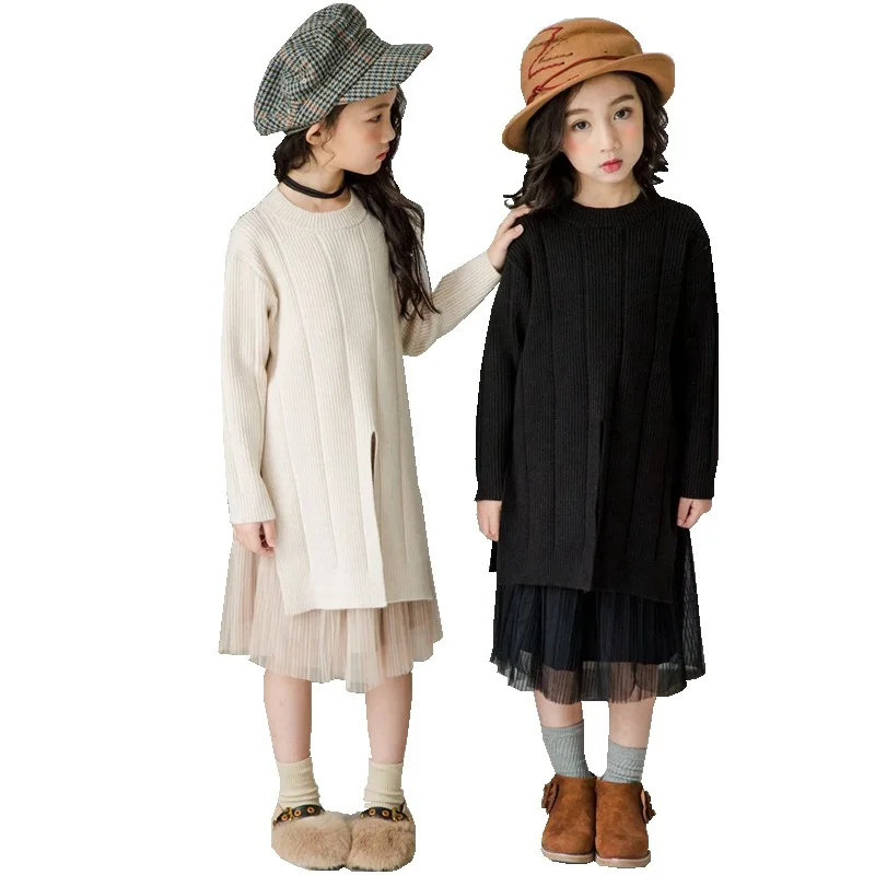 Новое зимнее платье-свитер для девочек Сетчатое вязаное платье с Разрезом
