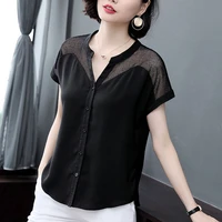 mesh patchwork women turn down collar chiffon blouses shirts lady casual short sleeve spring summer style blusas tops large size