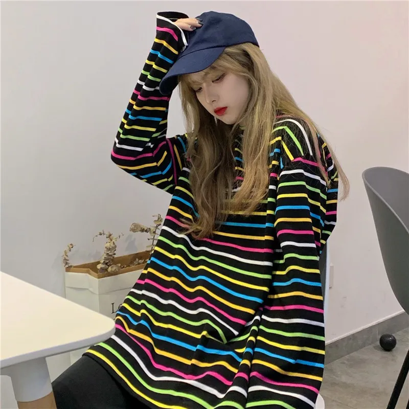 Радужные полосатые футболки кавай с длинным рукавом Мягкие Свободные корейские