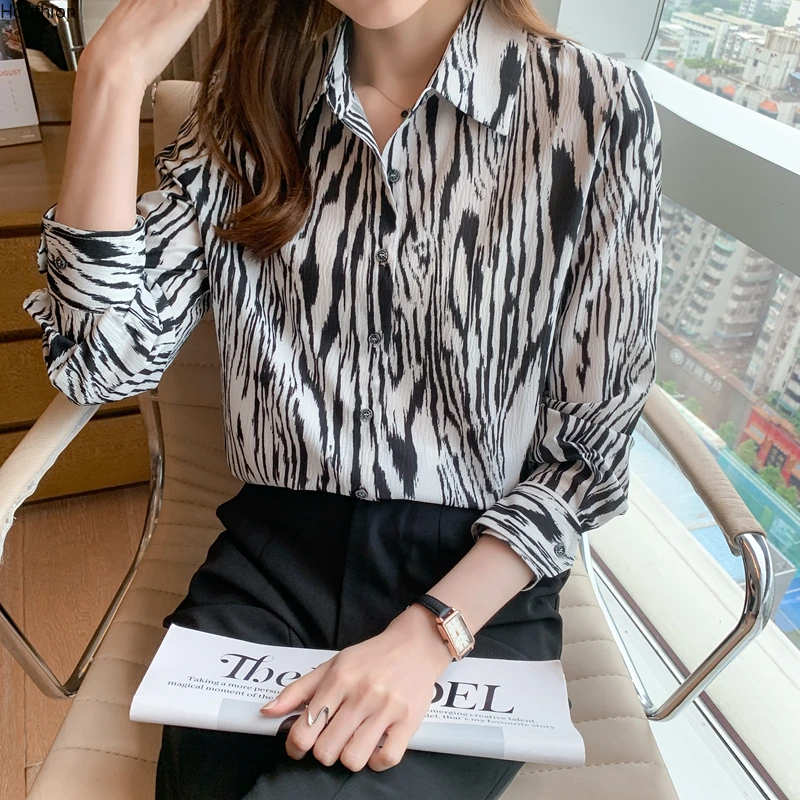 

Summer New Women's Blouses Polo Shirt Long Sleeve Tops Leopard Print Blouse Chiffon Casual Fashion Loose