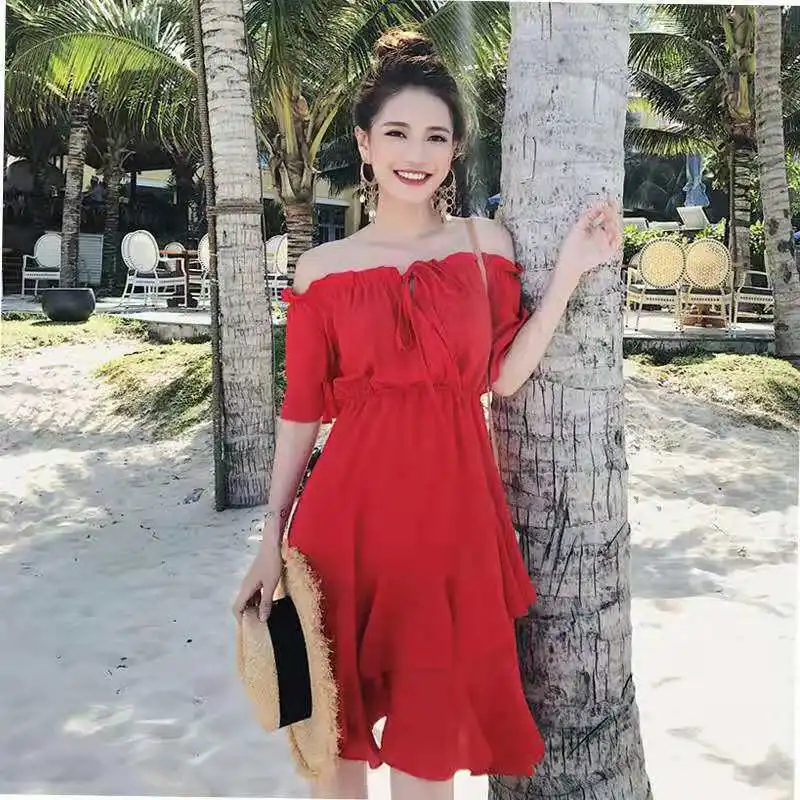 Retro Fairy Beach Dress Summer Yellow Chiffon Seaside Vacation Word Shoulder Female Solid Color | Мать и ребенок