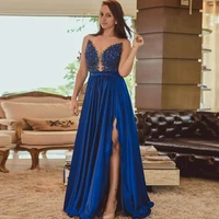 blue a line evening dresses long 2021strapless v neck side split satin lace beading prom gown custom plus size vestido de fiesta
