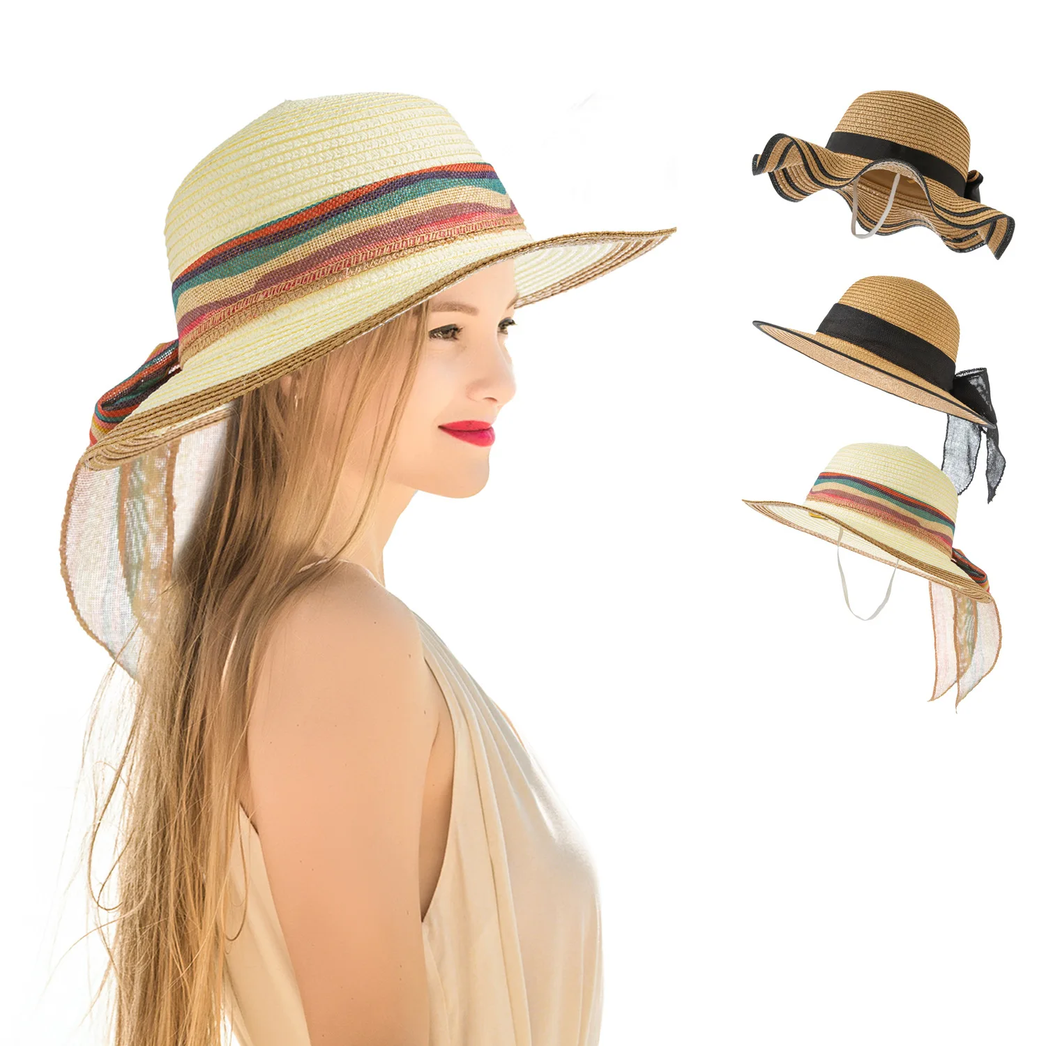 

Summer Bow Straw Hat Women Big Wide Along The Beach Hat Floral Fisherman's hat Sun Hat Sunscreen UV Resistant Panama Sun Cap