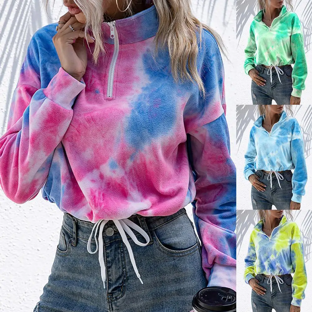 

New Hoodie Sweatshirts Womens Stylish Women Stand Collar Zipper Sweatshirt Tie Dye Drawstring Short Hoodie Top