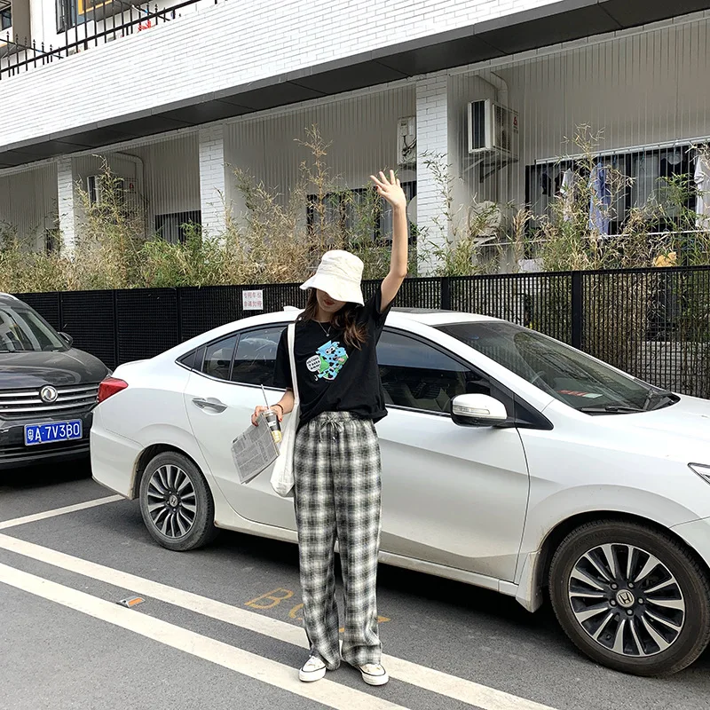 High Waist Black Plaid Wide Leg Pants Women 2020 Vintage Casual Female Pocket Streetpants Cotton Loose Straight Pants Trousers