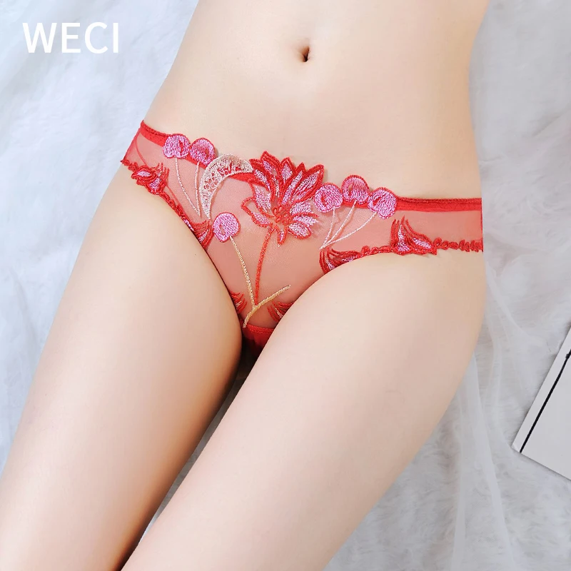 

WECI Women's Lace Panties Sexy Transparent Thong Female Underwear Cotton Crotch Briefs Embroidery Micro Temptation Underpants