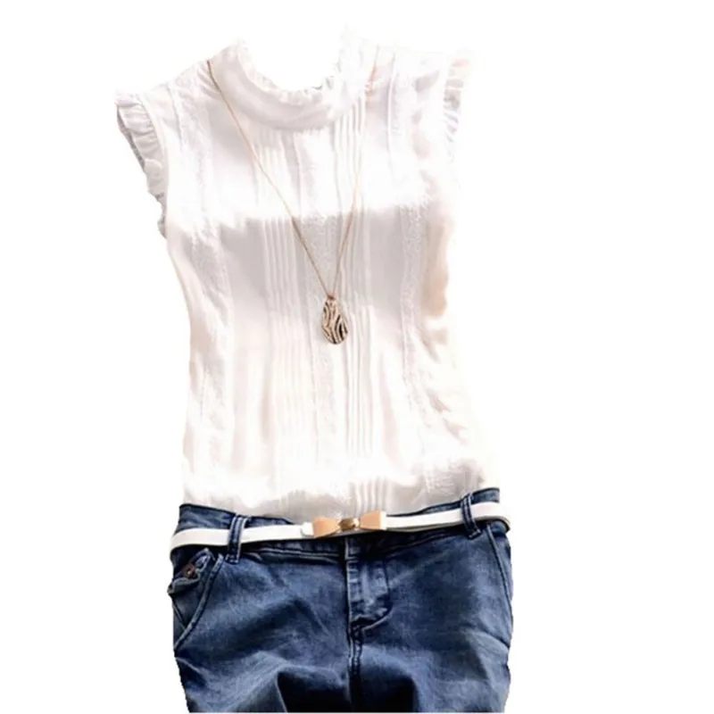 

Fashion Summer Women Lace Sleeveless Chiffon Blouse Lady Casual High Collar Folds Reffle Blouses