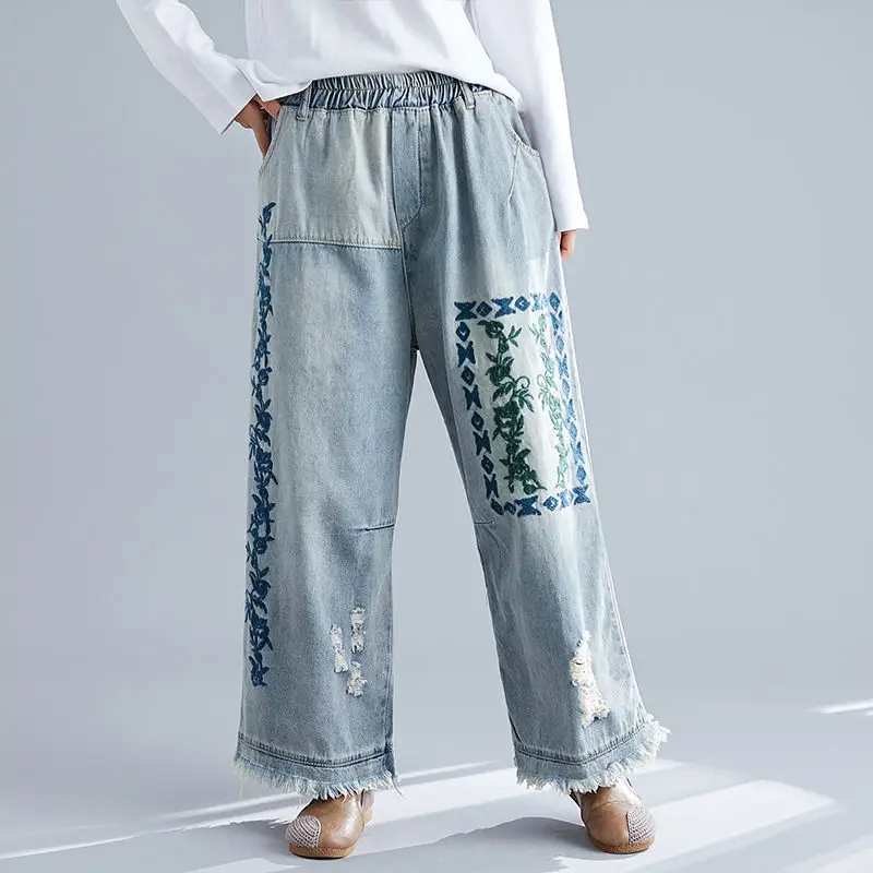 Размера плюс женские джинсы с вышивкой винтажные свободные прямые брюки