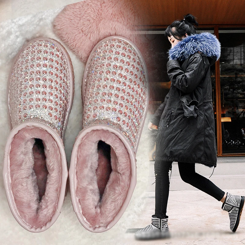 Стразы женские теплые ботинки с блестящими кристаллами зимние женская обувь из