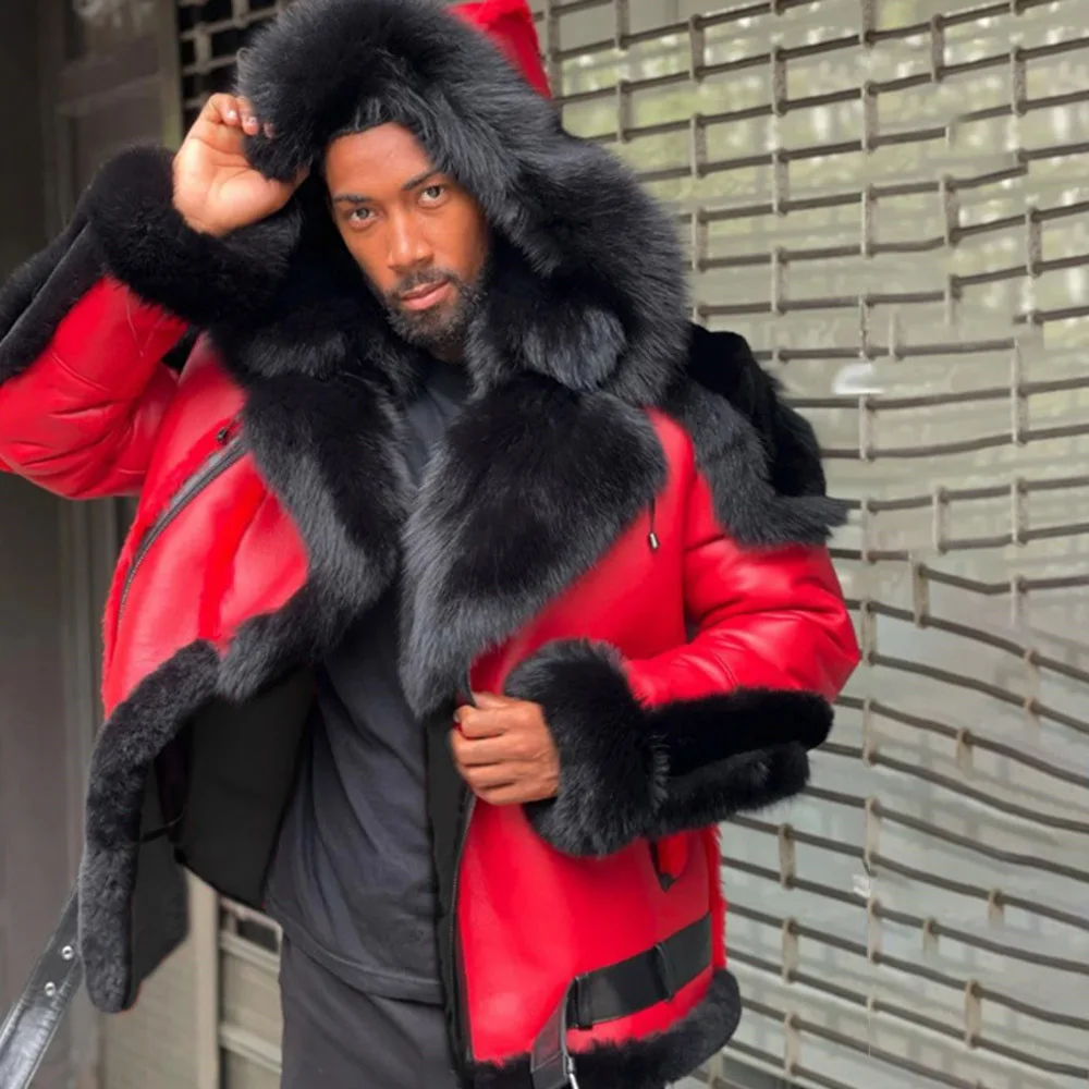 

Красные мужские куртки из искусственного меха, с капюшоном, Крутое Мужское пальто, зимние теплые Утепленные Пальто, модная мужская верхняя ...