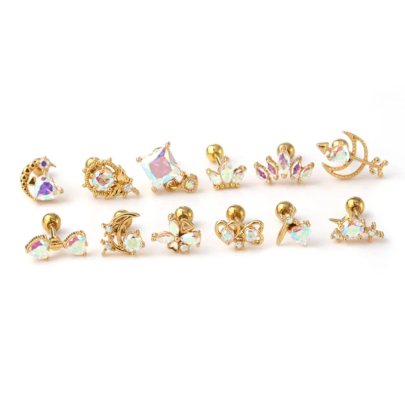 

Stainless Steel Color Zircon Studs Earrings Woman Cartilage Helix Screw Back Earring Cz Tragus Rook Conch Piercing Jewelry Gift