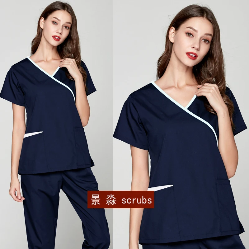 

Women New Medical Clothes Mock Wrap Scrub Top V Neck Nursing Uniforms Scrub Set Short Sleeve Spa Uniforms Pants Doctor Workwear