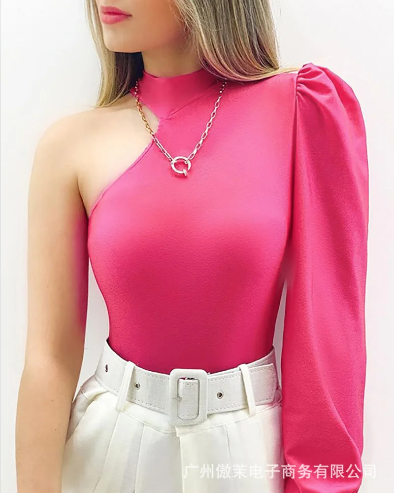 

2021 new women's long sleeved rose red one shoulder one-piece top