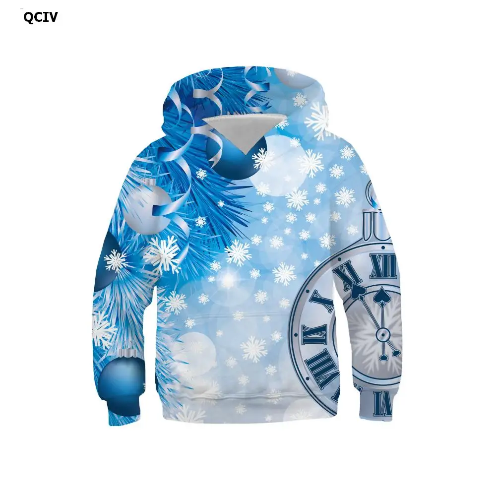 

QCIV Brand Christmas Sweatshirts boy Clock Hoodie Print Snowflake Hooded Casual Painting Hoody Anime Long Sleeve Hip Hop Casual