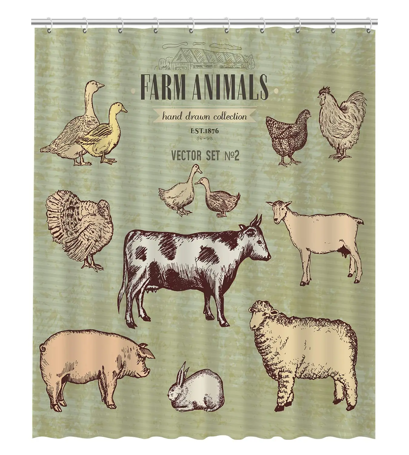 

Farm Animals Vintage Collection Cow Pig Goat Sheep Chicken Duck Goose Turkey Rabbit Bathroom Shower Curtain