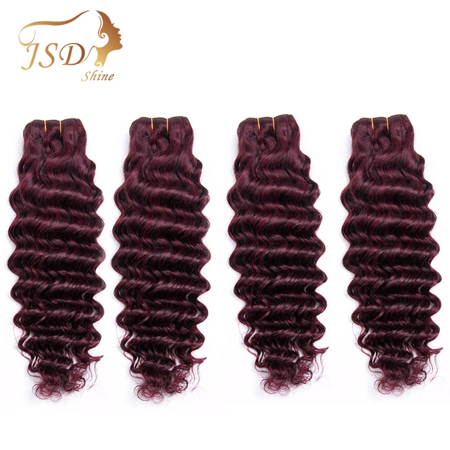 

JSDShine Brazilian Hair Deep Wave Burgundy 99J Red Color Human Hair Weave 4 Bundles Double Weft Hair Extension Non Remy