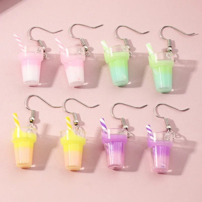 

New Sweet Cute Ice Cream Pendant Earrings Girl Fashion Candy Colors Fruit Juice Cup Pearl Tea Dangle Drop Earrings Jewelry Gift