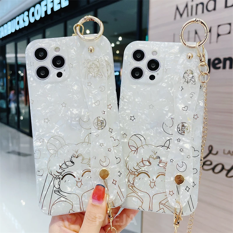 

Cute Conch Shell Texture Cartoon Girl Phone Case For iPhone 12 11 Pro Max 7 8 plus SE 2020 X XR XS Max Cover Lanyard Strap Cases