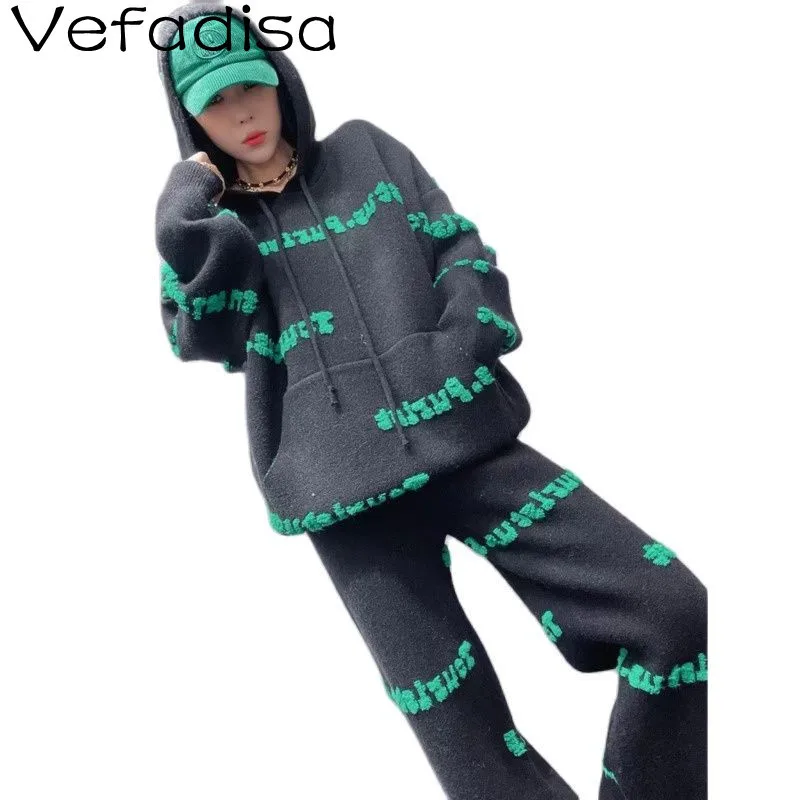 

Модный свитер с капюшоном с надписью Vefadisa + Прямые брюки из двух частей для женщин 2021 осень и зима плотные вязаные комплекты TT816