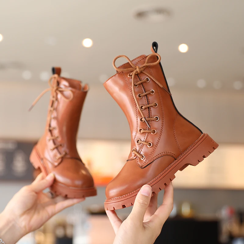 

New Mid-calf Boots Kids 2021 Spring Autumn Girls Zip Lace-up Anti-collision Comfortable Plush Shoes Kid Pu Leather Girl Footwear