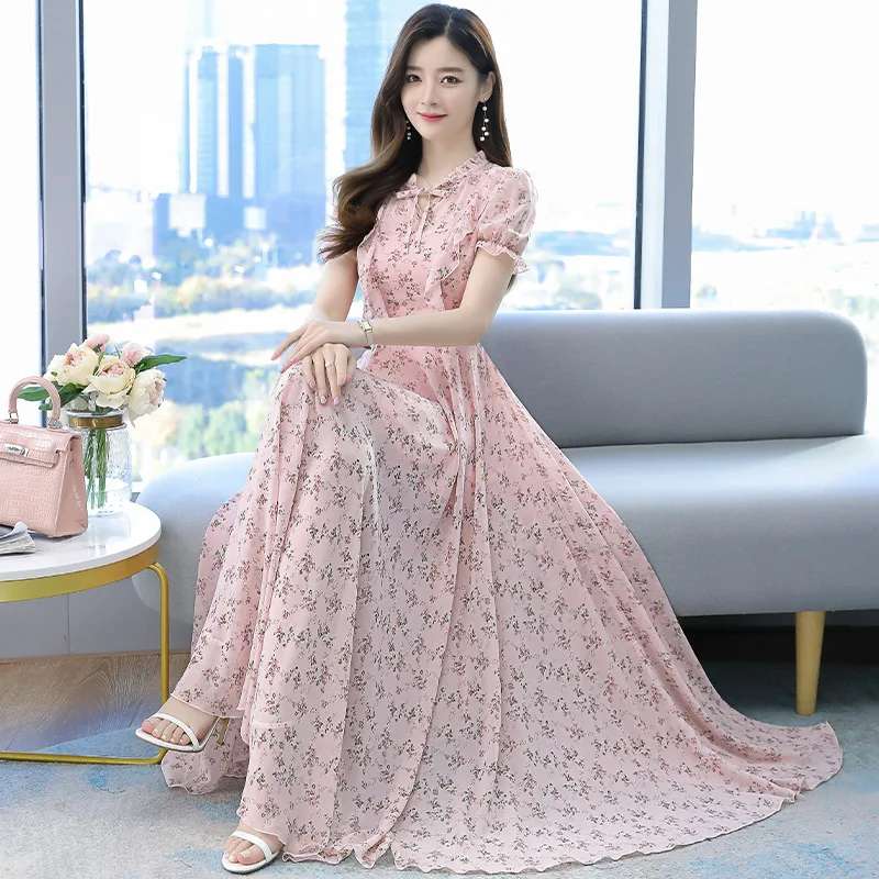 

2021 summer new Korean fashion floral women's long temperament waist short sleeve skirt chiffon dress tide