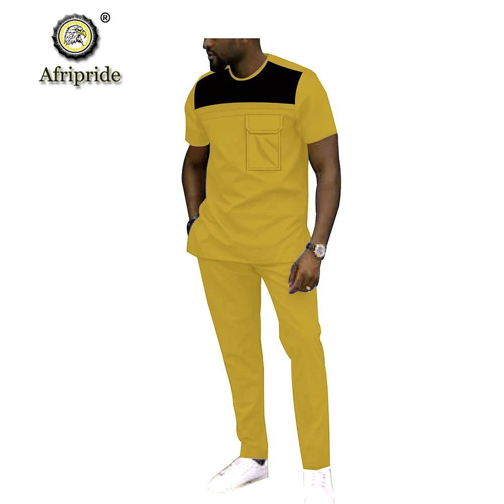 2019 Men`s 2 Piece Set African Dashiki Tracksuit Short Sleeve Blouse Tops and Pants Set Plus Size Wax Wear AFRIPRIDE S1916040