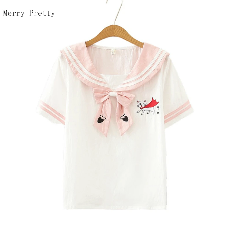 Розовый с вышивкой в виде кота из мультфильма блузы и топ размера плюс S XL женщин