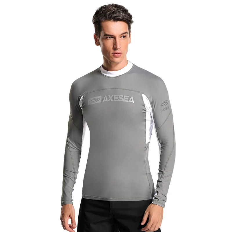 AXESEA Men Rash Guard Patchwork Swimwear Long Sleeve Rashguard Sun Protection Swimsuit Surfing Shirt Top UPF50+ Sport Beachwear