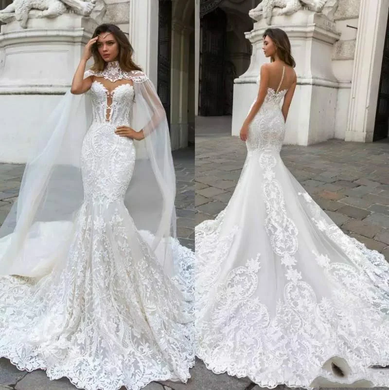 

Gorgeous Mermaid Wedding Dresses In Dubai Caped Lace Appliques Crochet France Lace Boho Wedding Dress 2020 Sweep Train Bridal