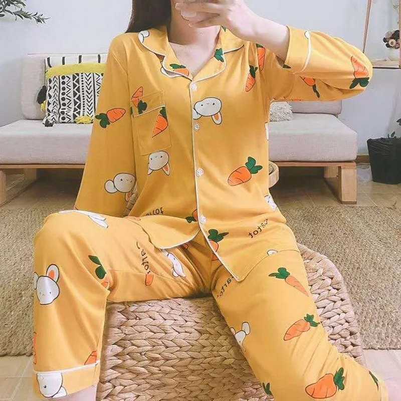 

Ladies Pajamas Set Floral Printed Pyjamas Women 2Pcs Turn-down Neck Shirt+Pants Comfort Nature Sleepwear Women Homewear