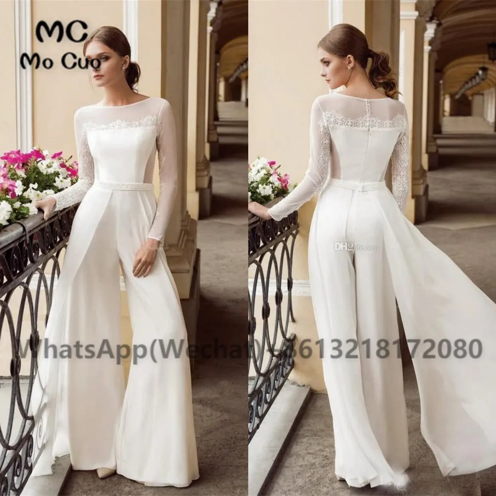 

2021 Bohemian Jumpsuit Lace Wedding Dresses Jewel Neck Long Sleeves Beach Bridal Gowns Floor Length Chiffon Boho vestido de novi