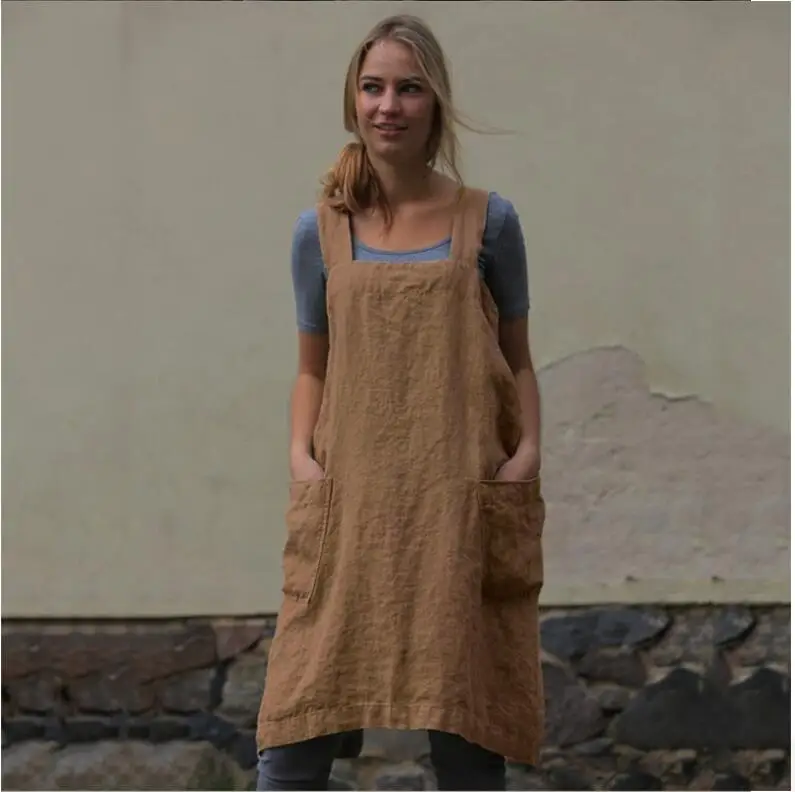 

Japan Style Cotton Linen Aprons, Solid Color Cross Bandage X Shape Back Kitchen Cooking Clothes