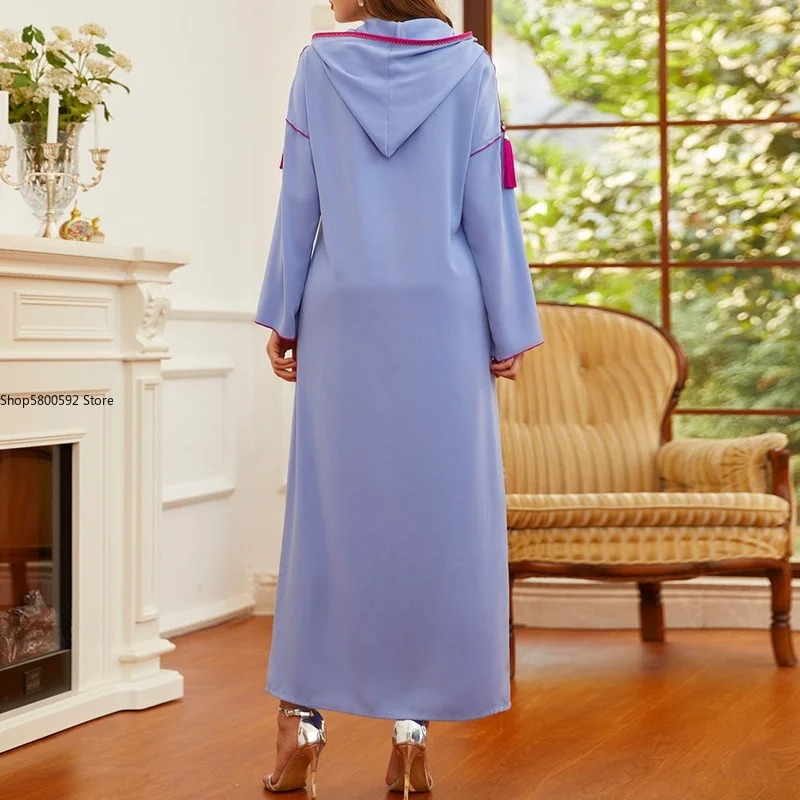 2022 Muslim Fashion Women Dress Solid Color Long Sleeve Beading Hooded Temperament Casual Autumn Winter Long Ladies Dress