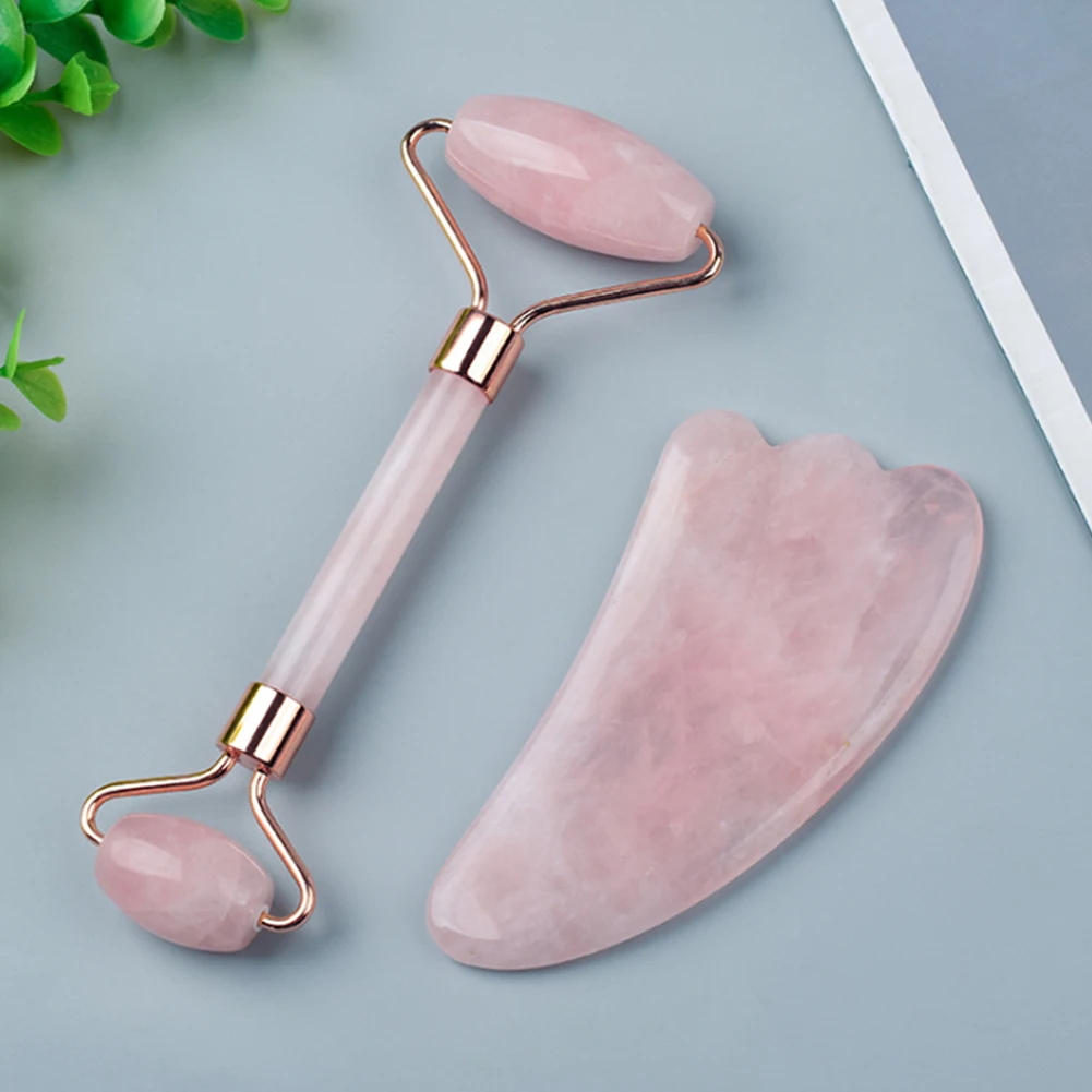 

Rose Quartz Roller Jade Roller for Face with Gua Sha Scraping Tool Eye Treatment Roller Face Neck Remove Wrinkles Puffiness