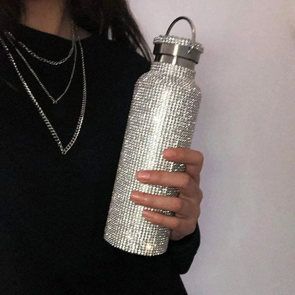 sparkling High-end Insulated Bottle Blings Rhinestone Stainless Steel Thermal Bottle Diamond Thermo Silver Water Bottle with Lid