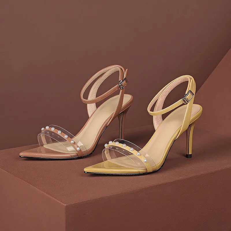 

MoonMeek 2021 New Fashion Sexy Thin High Heels Ladies Sandals Ankle Buckle Genuine Leather Shoes Summer Party Wedding Shoes Lady
