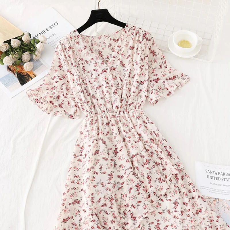 

Vintage V-neck Print Dress Short Sleeve Elastic Waist irregular Ruffled Chiffon Women Dress 2020 Summer Midi Vestidos femme
