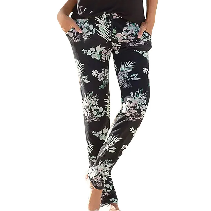 

Women Loose Flower Printing Elastic Waist Hem Pants 2021 Summer New Boho Vintage Cotton Slim Thin Female Trousers with Pockets