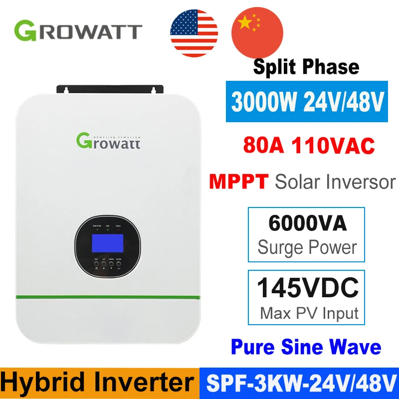 Growatt-Inversor Solar híbrido de 3KW, 24V/48V, Inversor Solar de fase dividida, onda sinusoidal pura integrada, voltaje de salida MPPT de 80A, 110-120VAC