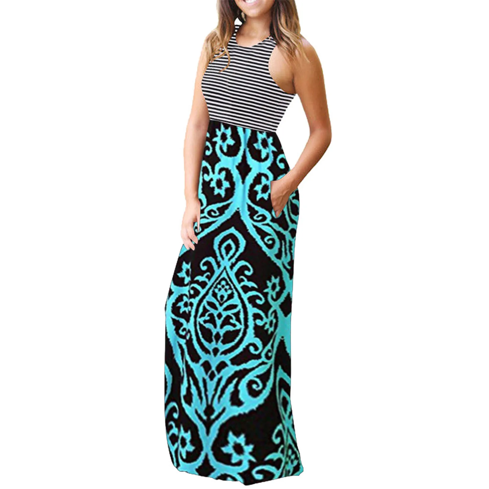 

Dresses For Women Party V-neck Cami Dress Ladies Sleeveless Pocket Casual Floral Printing Beach Long Maxi Loose Dress robe femme