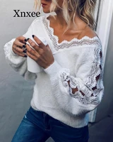 sexy v neck lace hollow knit sweater autumn winter long sleeve pullover tops elegant women white jumper pull femme lace white