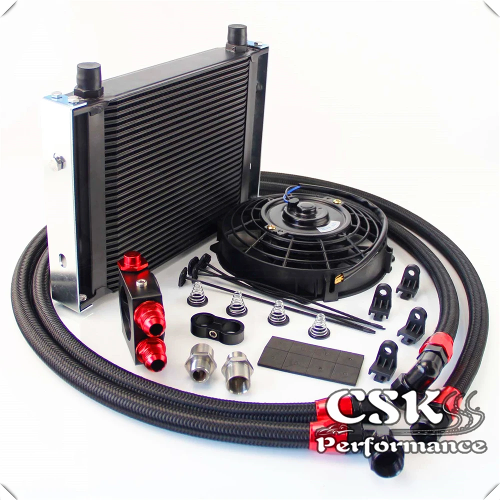 Universal AN10 30 Row Oil Cooler Thermostat Sandwich +7&quot Electric Fan kit Black / Silver |