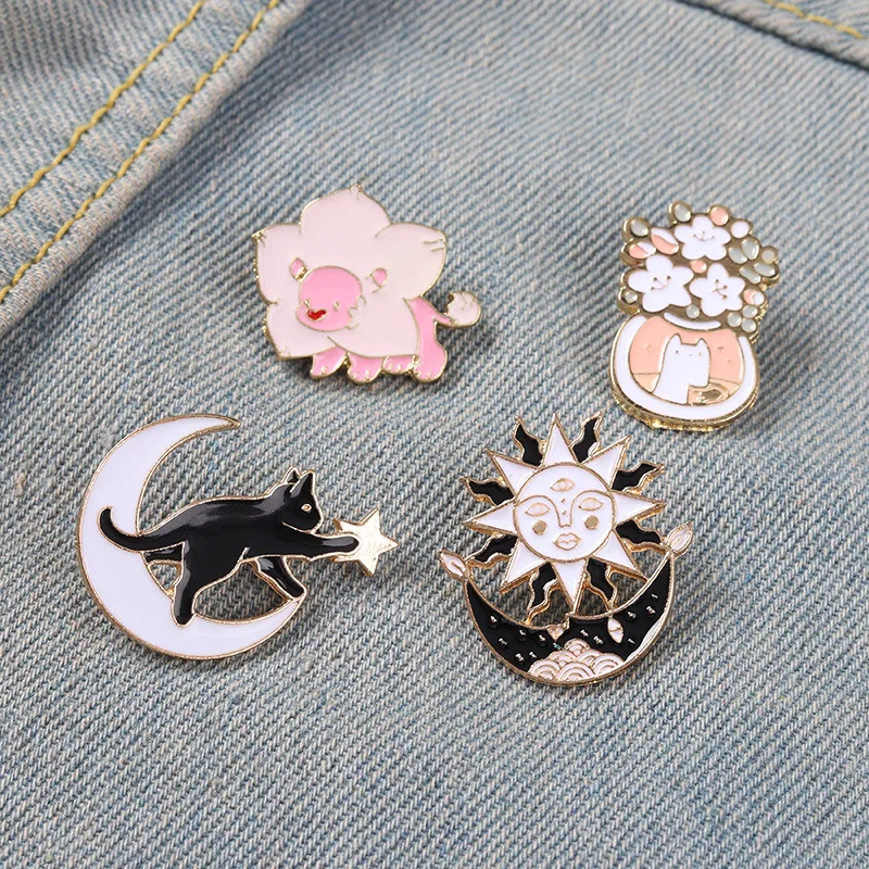 

Cartoon Cute Animals Cats Dinosaurs Enamel Brooches Sun Moon Goddess Plants Potted Plants Flowers Alloy Pins Sweet Jewelry Gift