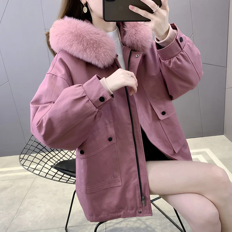 

Новинка 2021, пальто с меховым воротником из лисьего меха, теплое пальто с внутренней подкладкой из кроличьего меха, Женское пальто средней и ...