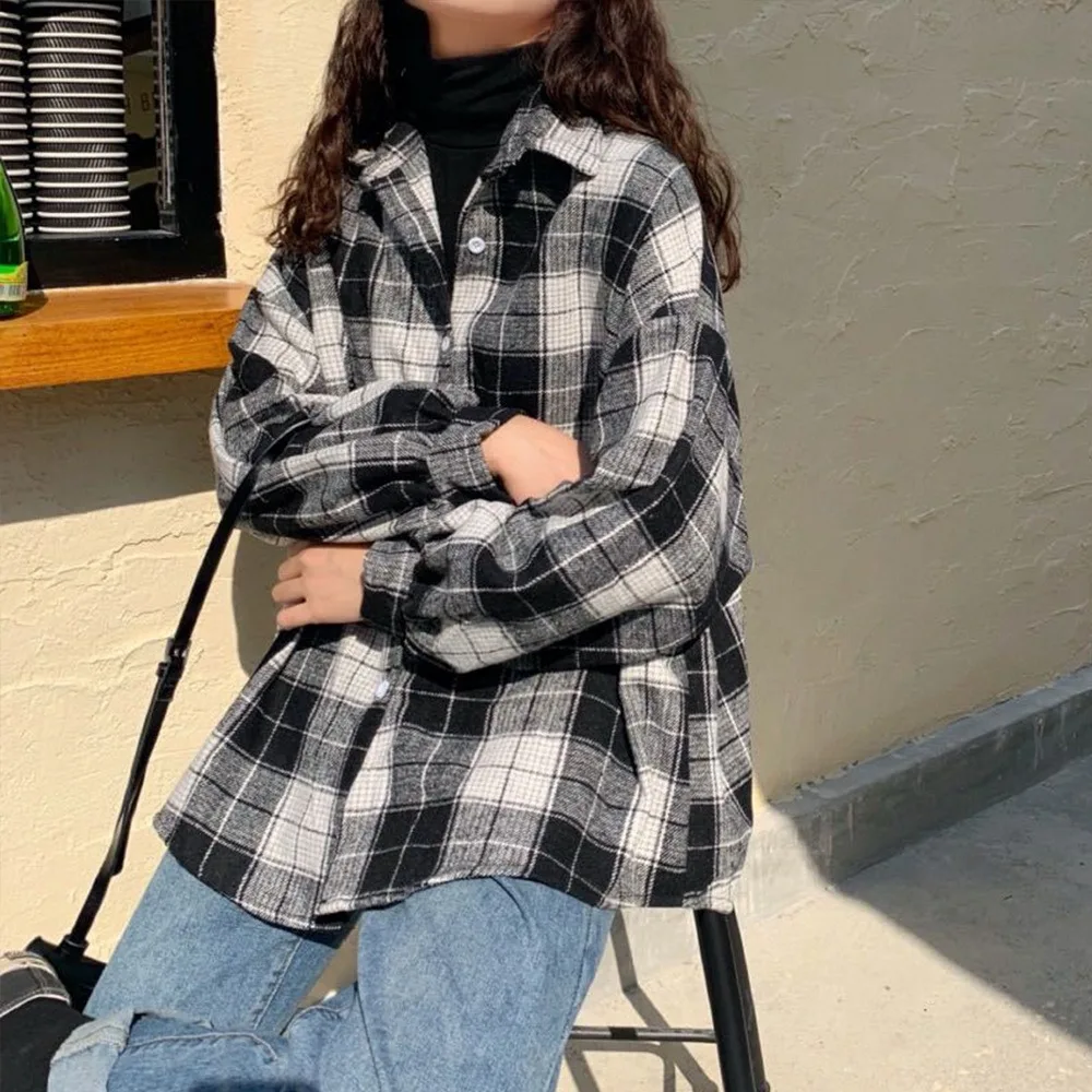 

Women Blouses Turn-down Collar Spring Shirts Plaid All-match BF Batwing-sleeve Loose Outwear Harajuku Female Chic Shirts S-5XL