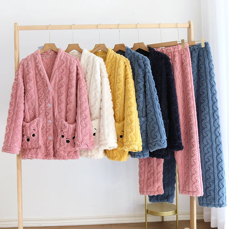 

Thickened Flannel Couple Pajamas Set Winter Warm Men's Women's plush home clothes Trouser Suits Solid Two-piece Suit Sleepwear